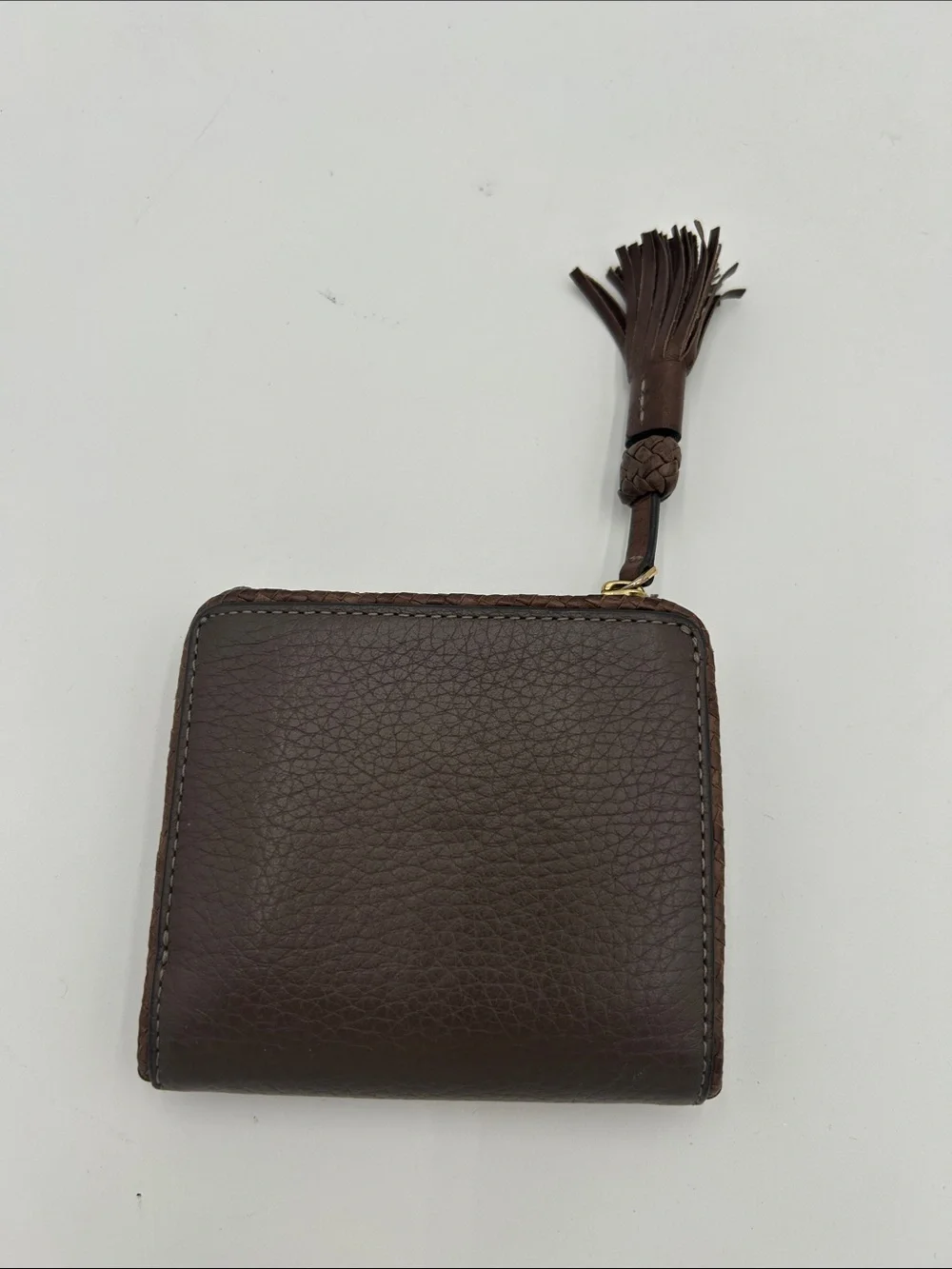 Tory‎ Burch Dark Brown Pebbled Leather Zip Coin Wallet with Tassel